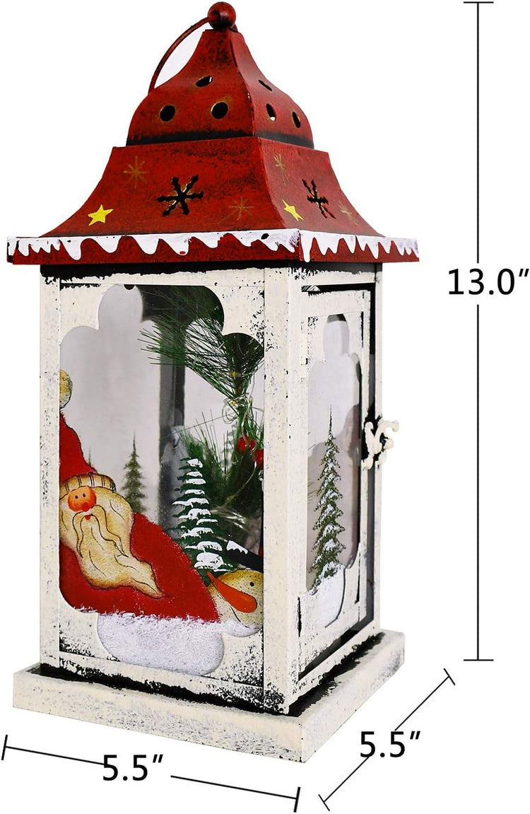 Christmas Lantern Decoration with LED Light Metal Hanging Lanterns Decorative Christmas Lantern Centerpiece with Hand Painted Santa Pattern