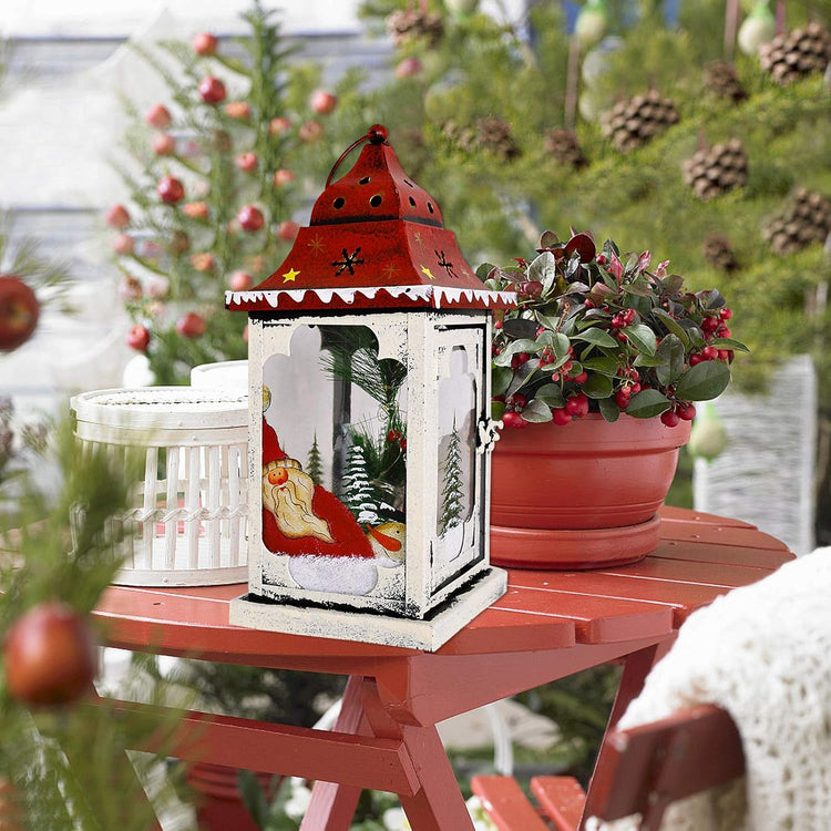 Christmas Lantern Decoration with LED Light Metal Hanging Lanterns Decorative Christmas Lantern Centerpiece with Hand Painted Santa Pattern