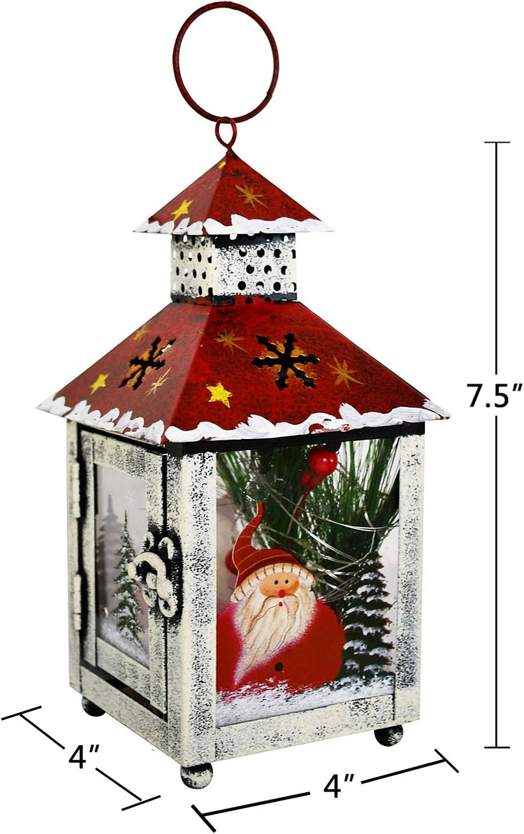 Metal Lantern Christmas Decorations with LED Light Indoor Outdoor Decorative Hanging Lanterns Santa Decor Hand Painted Rustic Metal Glass Small Christmas Lanterns Table Decor Xmas Holiday Party Decor