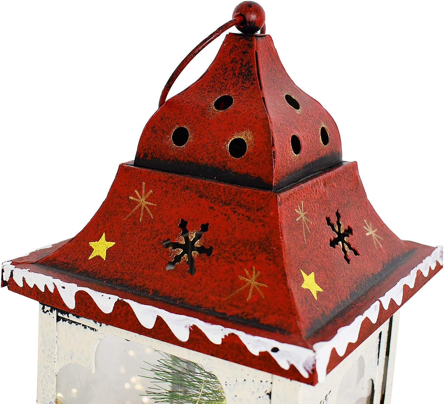 Christmas Lantern Decoration with LED Light Metal Hanging Lanterns Decorative Christmas Lantern Centerpiece with Hand Painted Santa Pattern