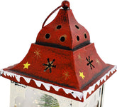 Christmas Lantern Decoration with LED Light Metal Hanging Lanterns Decorative Christmas Lantern Centerpiece with Hand Painted Santa Pattern