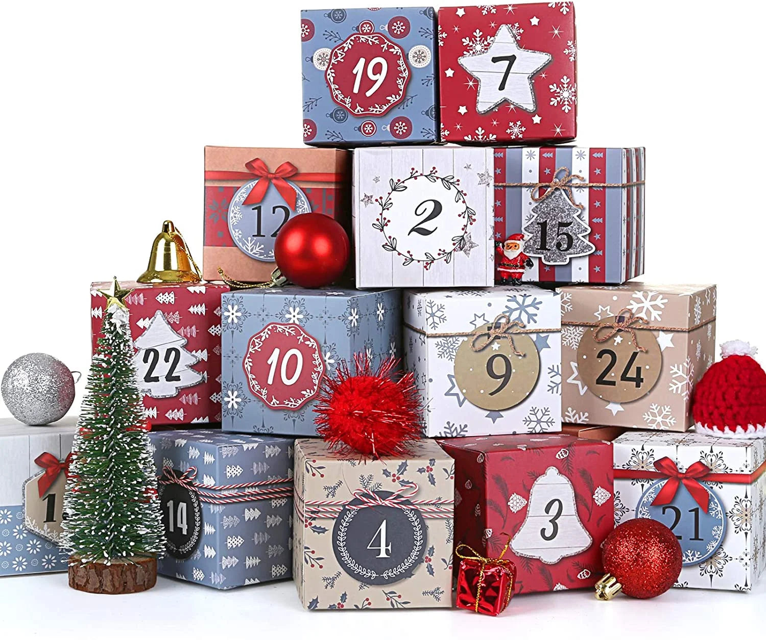 Colorful stacked gift boxes from the Christmas Advent Calendar 2025, perfect for kids and adults, featuring festive designs.