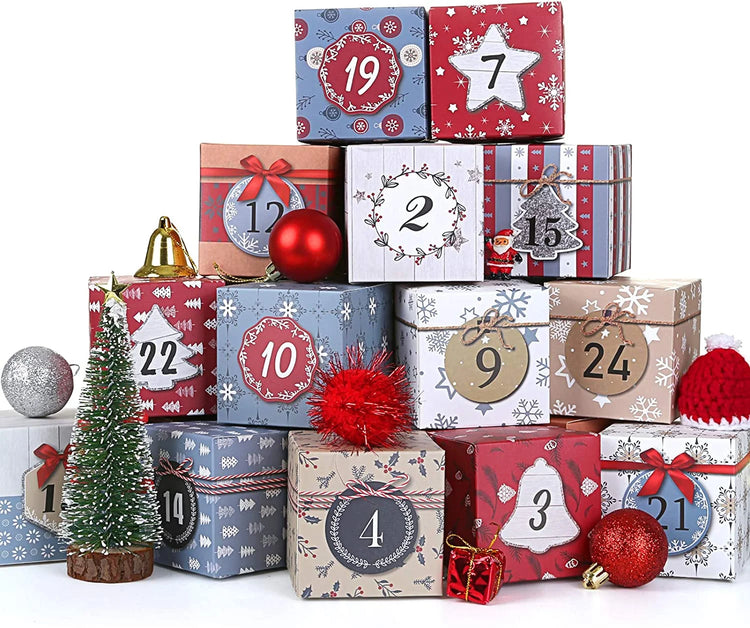 Colorful stacked gift boxes from the Christmas Advent Calendar 2025, perfect for kids and adults, featuring festive designs.