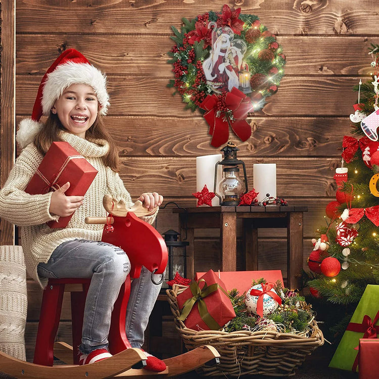 Sacred Christmas Wreath with Lights Lighted Nativity Scene Christmas Wreath Wreaths for Front Door Artificial Xmas Wreath with Warm Led Lights Ret Festival New Year Decal