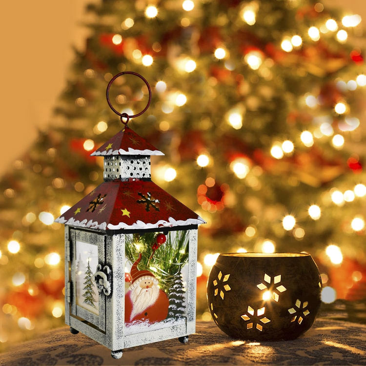 Metal Lantern Christmas Decorations with LED Light Indoor Outdoor Decorative Hanging Lanterns Santa Decor Hand Painted Rustic Metal Glass Small Christmas Lanterns Table Decor Xmas Holiday Party Decor