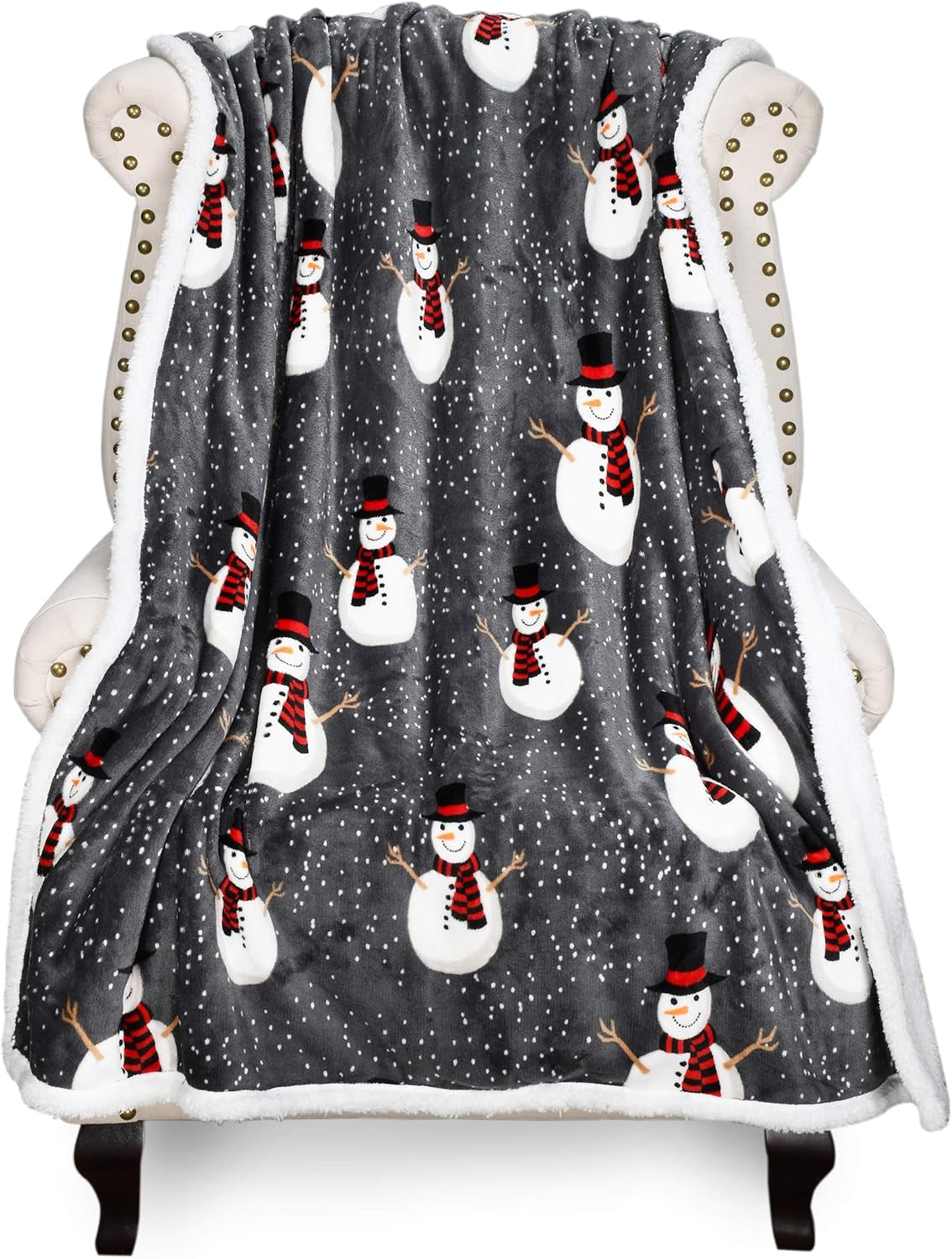 Snowman Blanket, Holiday Theme Sherpa Fleece Throw, Blanket for Couch and Bed, Christmas Blanket | Super Soft, Comfy, Cozy, Fluffy, Warm | 50X60 Inch, Grey