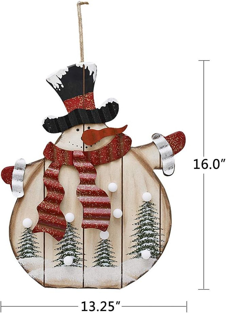 Wooden Hanging Christmas Snowman Sign with LED Bulbs - Wood Decorative Plaques for Wall Door Xmas Tree Ornament Indoor Outdoor Holiday Decor (Snowman A)