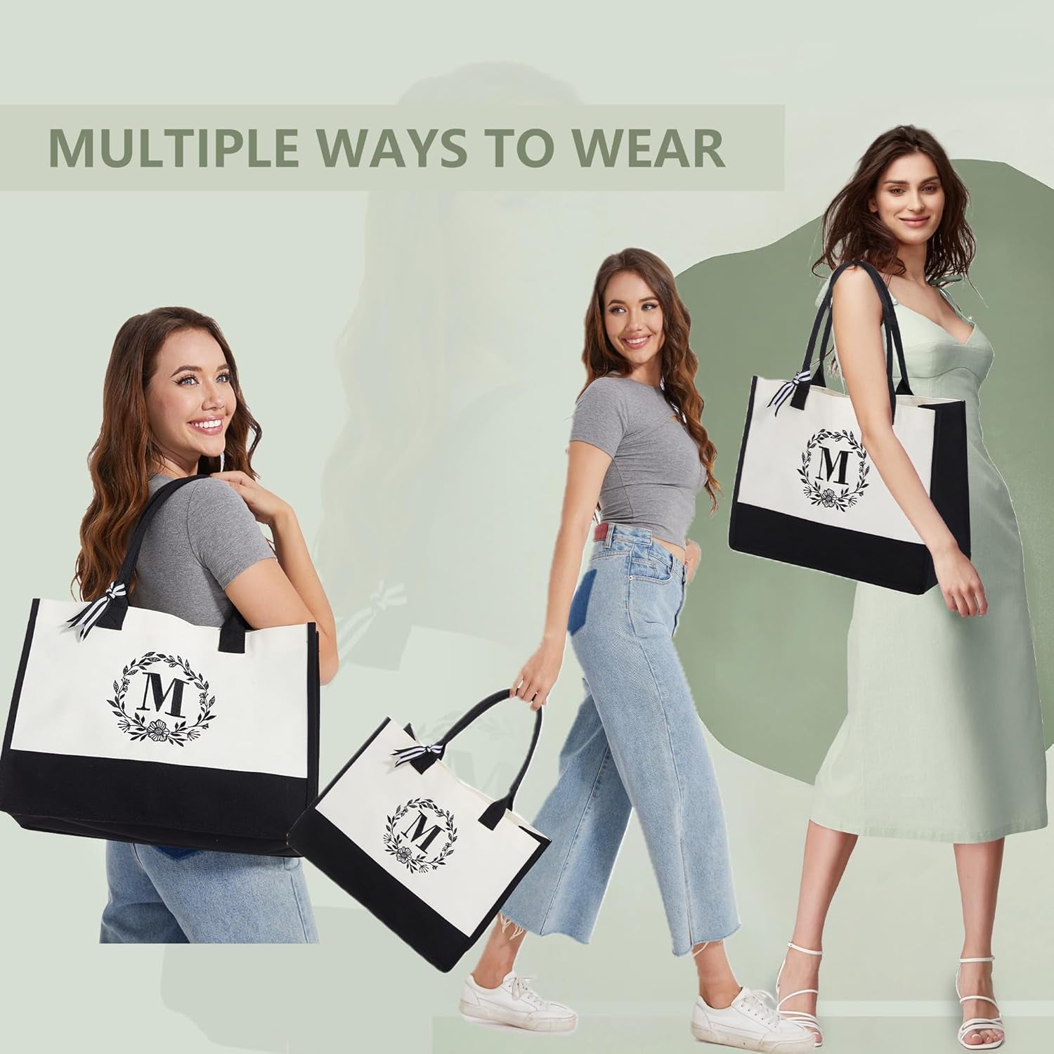 Embroidery Monogram Initial Tote Bag for Women Teacher Mom Friend Personalized Gift for Birthday Beach Wedding Work