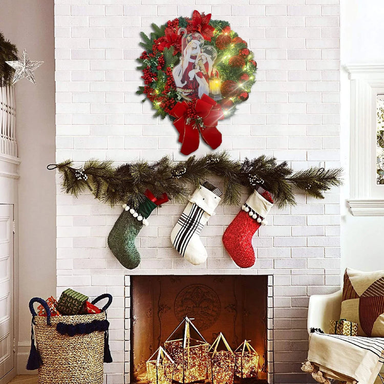 Sacred Christmas Wreath with Lights Lighted Nativity Scene Christmas Wreath Wreaths for Front Door Artificial Xmas Wreath with Warm Led Lights Ret Festival New Year Decal