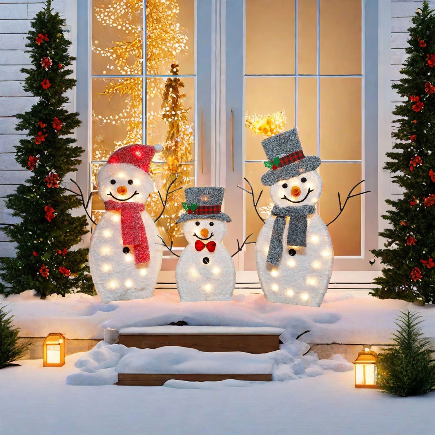 3-Piece Glowing Snowman Family Outdoor Decor Set - 48" Light-Up Christmas Yard Decorations with Stakes (Weatherproof LED Holiday Display)