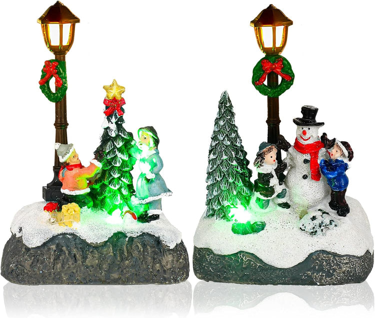 Christmas Village Set: 2-Piece Snowman & Santa LED Tabletop Decor
