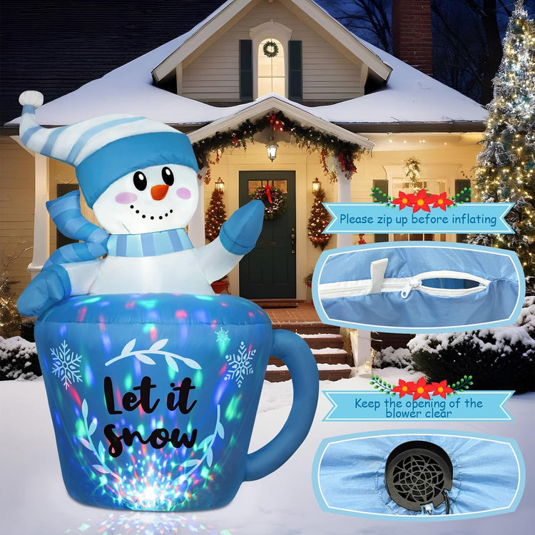5FT Inflatable Snowman in Mug with Leds for Outdoor Christmas Decor