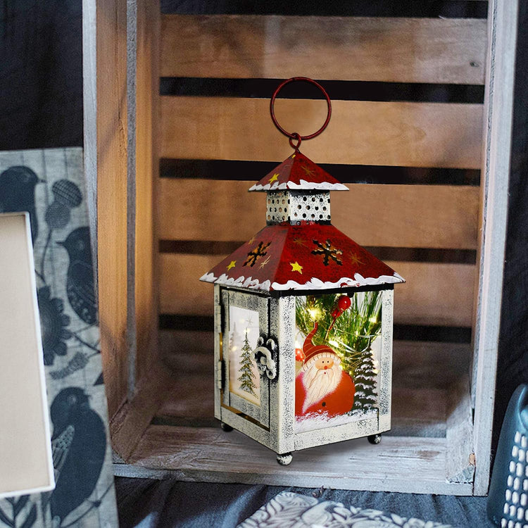 Metal Lantern Christmas Decorations with LED Light Indoor Outdoor Decorative Hanging Lanterns Santa Decor Hand Painted Rustic Metal Glass Small Christmas Lanterns Table Decor Xmas Holiday Party Decor