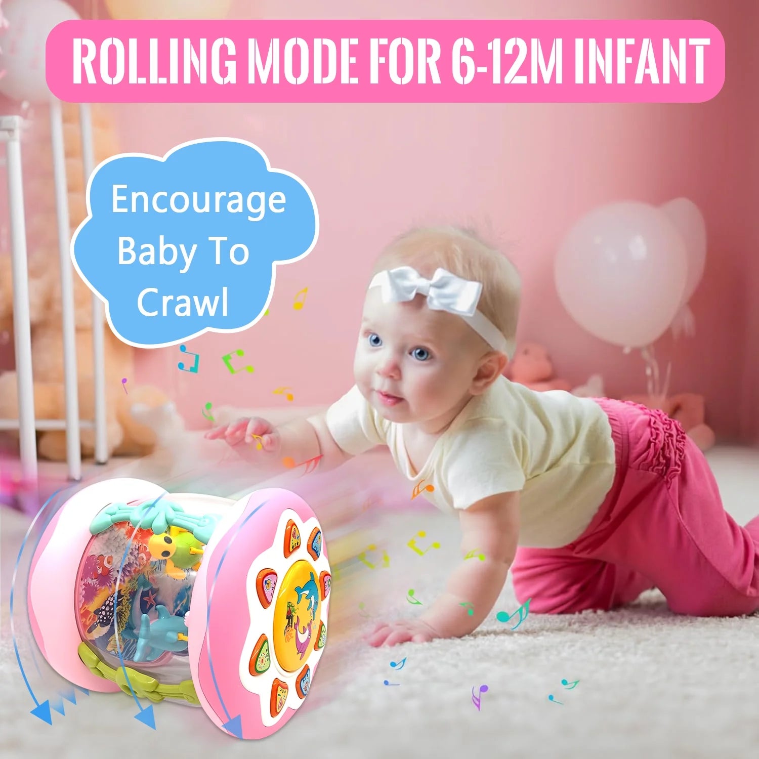 Toys for 1 Year Old Baby Girls, Ocean Rotating Light up Musical Toy for Toddlers 1-3, Learning Toys for 1 2 3 Year Old Girls Boys (Pink)