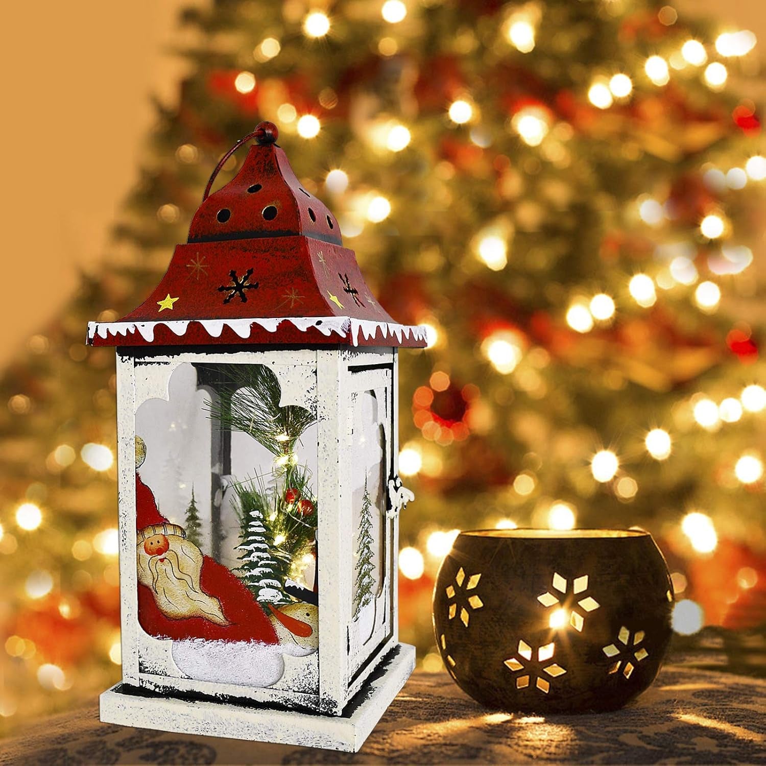 Christmas Lantern Decoration with LED Light Metal Hanging Lanterns Decorative Christmas Lantern Centerpiece with Hand Painted Santa Pattern