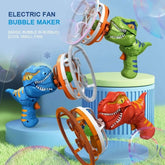 Dinosaur Bubble Machine for Kids - Electric fan bubble maker with colorful dinosaur designs blowing bubbles outdoors.