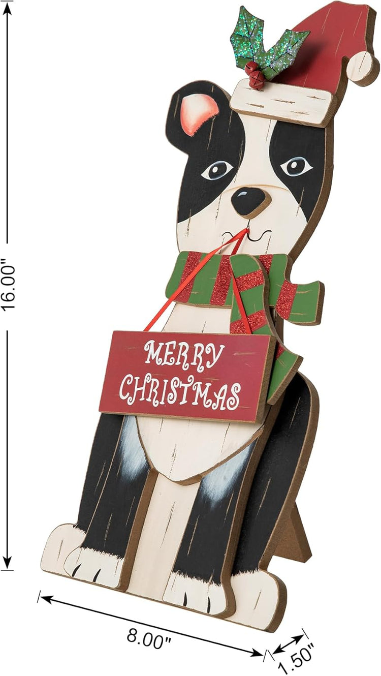 Christmas Boston Terrier Table Decoration 16 Inches Wooden Dog Tabletop Ornament for Christmas Farmhouse Boston Terrier Home Decor Rustic Xmas Desk Decoration