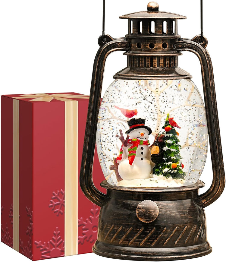 Illuminated Snowman Musical Snow Globe Lantern with Timer for Holiday Decor