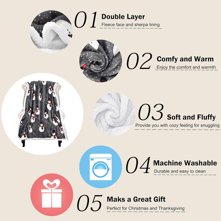 Snowman Blanket, Holiday Theme Sherpa Fleece Throw, Blanket for Couch and Bed, Christmas Blanket | Super Soft, Comfy, Cozy, Fluffy, Warm | 50X60 Inch, Grey