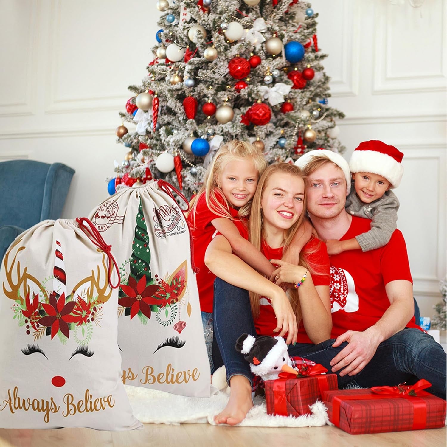 Santa Sack 2Pcs, Unicorn Christmas Canvas Gift Bags with Drawstring, Large Size Reusable Personalized Santa Bags for Xmas Package Storage, Party Supplies Favors