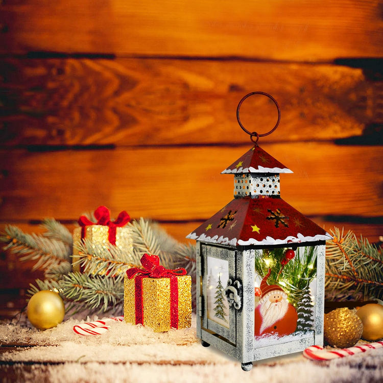 Metal Lantern Christmas Decorations with LED Light Indoor Outdoor Decorative Hanging Lanterns Santa Decor Hand Painted Rustic Metal Glass Small Christmas Lanterns Table Decor Xmas Holiday Party Decor