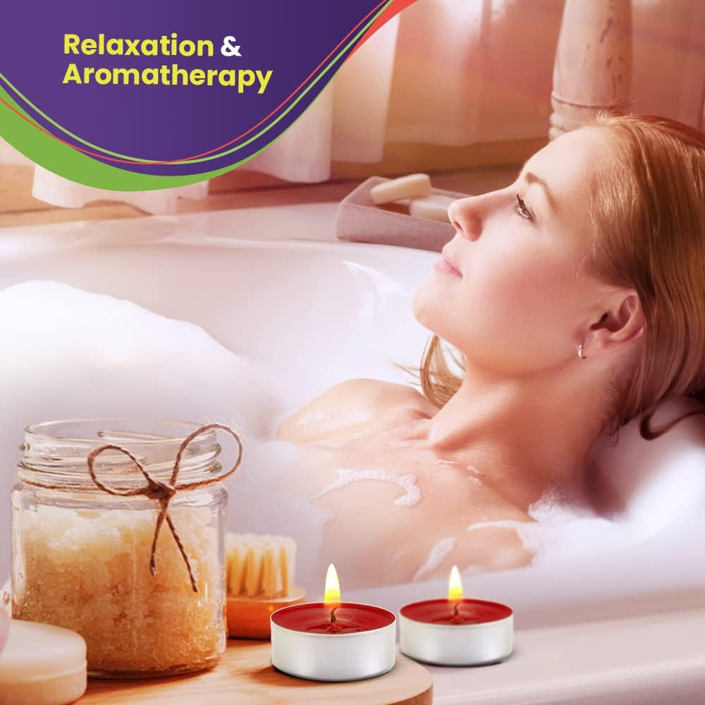 Woman relaxing in bath with Apple Cinnamon Scented Candles and aromatherapy products.