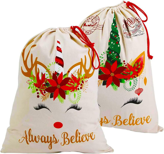 Santa Sack 2Pcs, Unicorn Christmas Canvas Gift Bags with Drawstring, Large Size Reusable Personalized Santa Bags for Xmas Package Storage, Party Supplies Favors