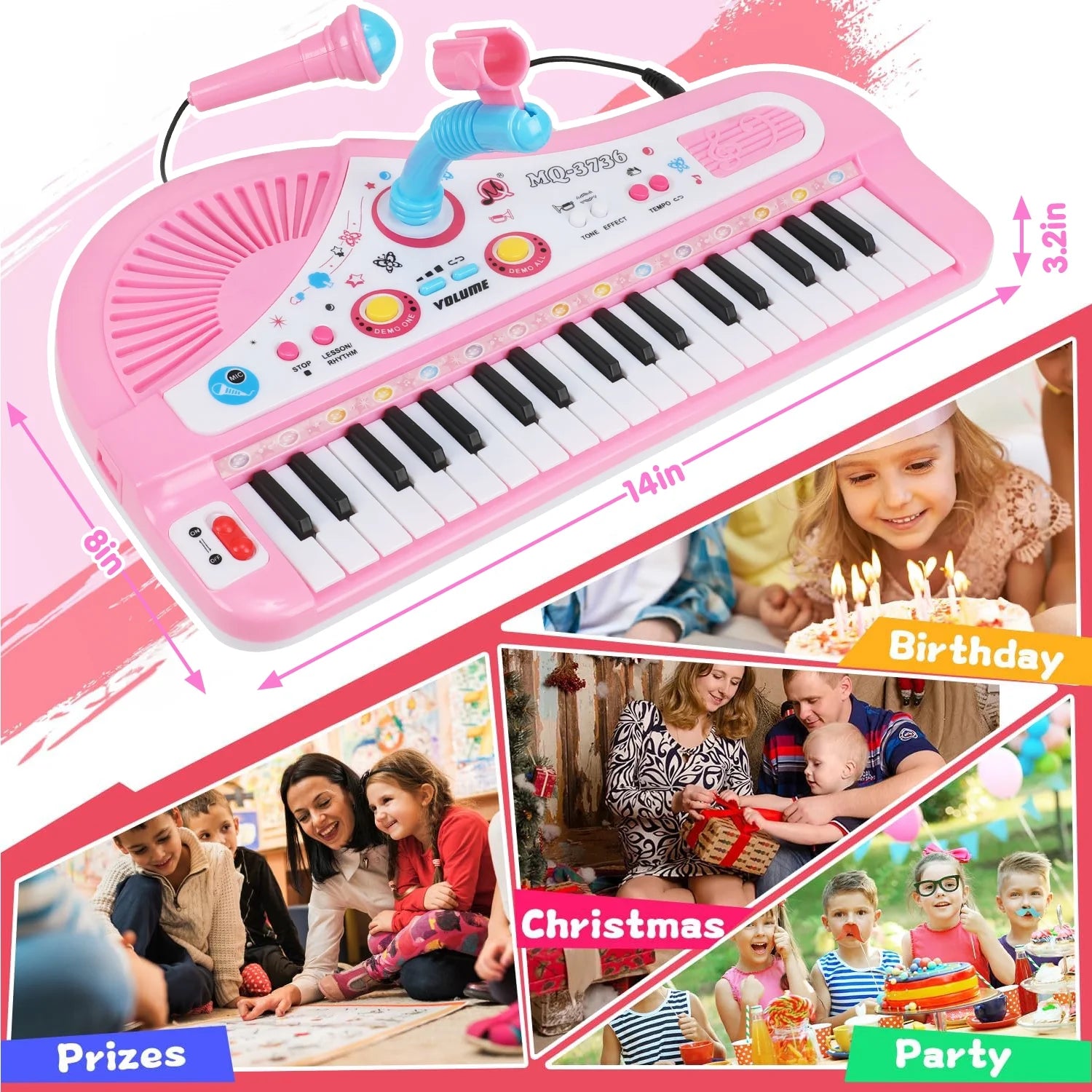 Baby Piano Toys for Kids, Toddlers Piano Keyboard Instrument with Microphone, 37 Keys Piano Toys Educational Musical Gift for 2 3 4 5 6 Year Old Girls, Pink