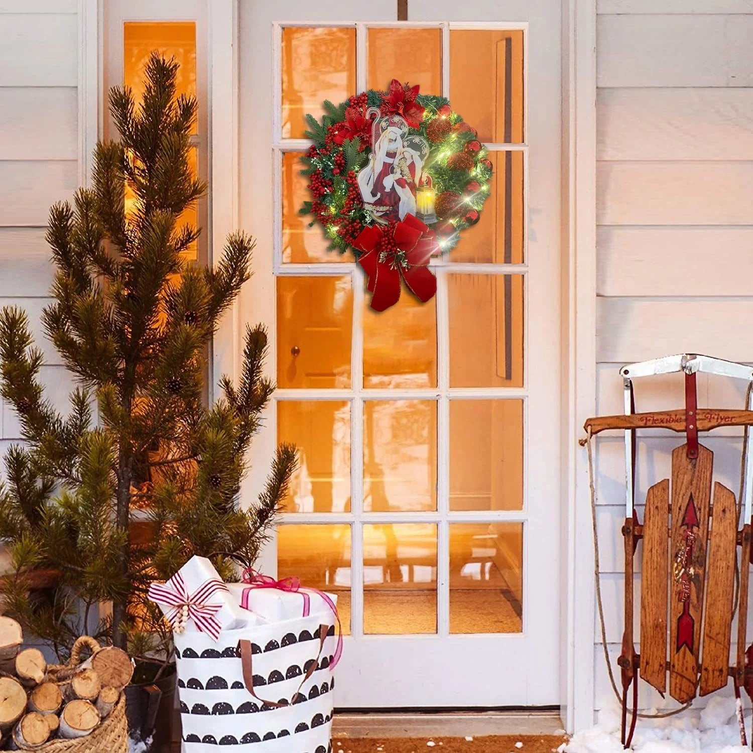 Sacred Christmas Wreath with Lights Lighted Nativity Scene Christmas Wreath Wreaths for Front Door Artificial Xmas Wreath with Warm Led Lights Ret Festival New Year Decal