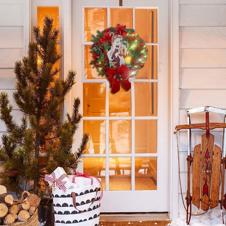 Sacred Christmas Wreath with Lights Lighted Nativity Scene Christmas Wreath Wreaths for Front Door Artificial Xmas Wreath with Warm Led Lights Ret Festival New Year Decal