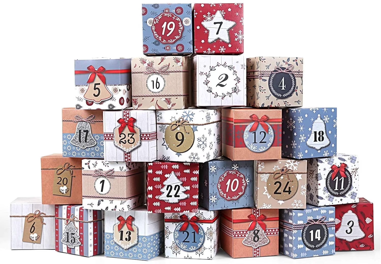 Colorful stack of Christmas Advent Calendar 2025 gift boxes for kids and adults, ready for festive surprises.