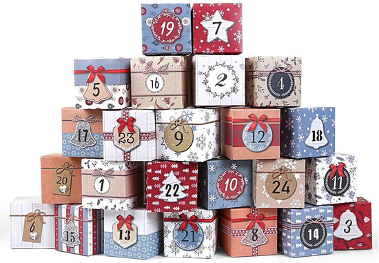 Colorful stack of Christmas Advent Calendar 2025 gift boxes for kids and adults, ready for festive surprises.