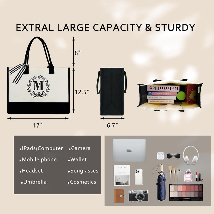 Embroidery Monogram Initial Tote Bag for Women Teacher Mom Friend Personalized Gift for Birthday Beach Wedding Work