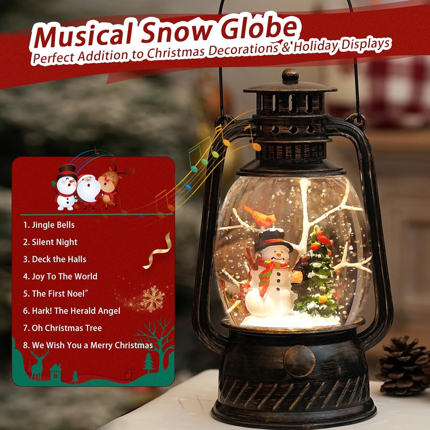 Illuminated Snowman Musical Snow Globe Lantern with Timer for Holiday Decor