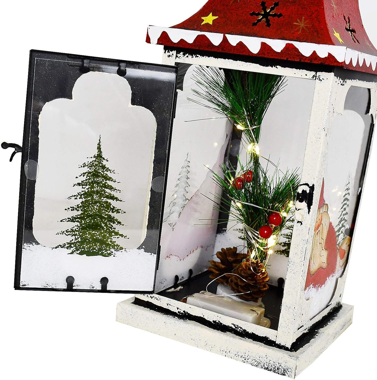 Christmas Lantern Decoration with LED Light Metal Hanging Lanterns Decorative Christmas Lantern Centerpiece with Hand Painted Santa Pattern