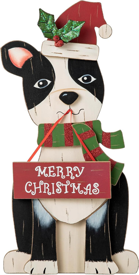 Christmas Boston Terrier Table Decoration 16 Inches Wooden Dog Tabletop Ornament for Christmas Farmhouse Boston Terrier Home Decor Rustic Xmas Desk Decoration