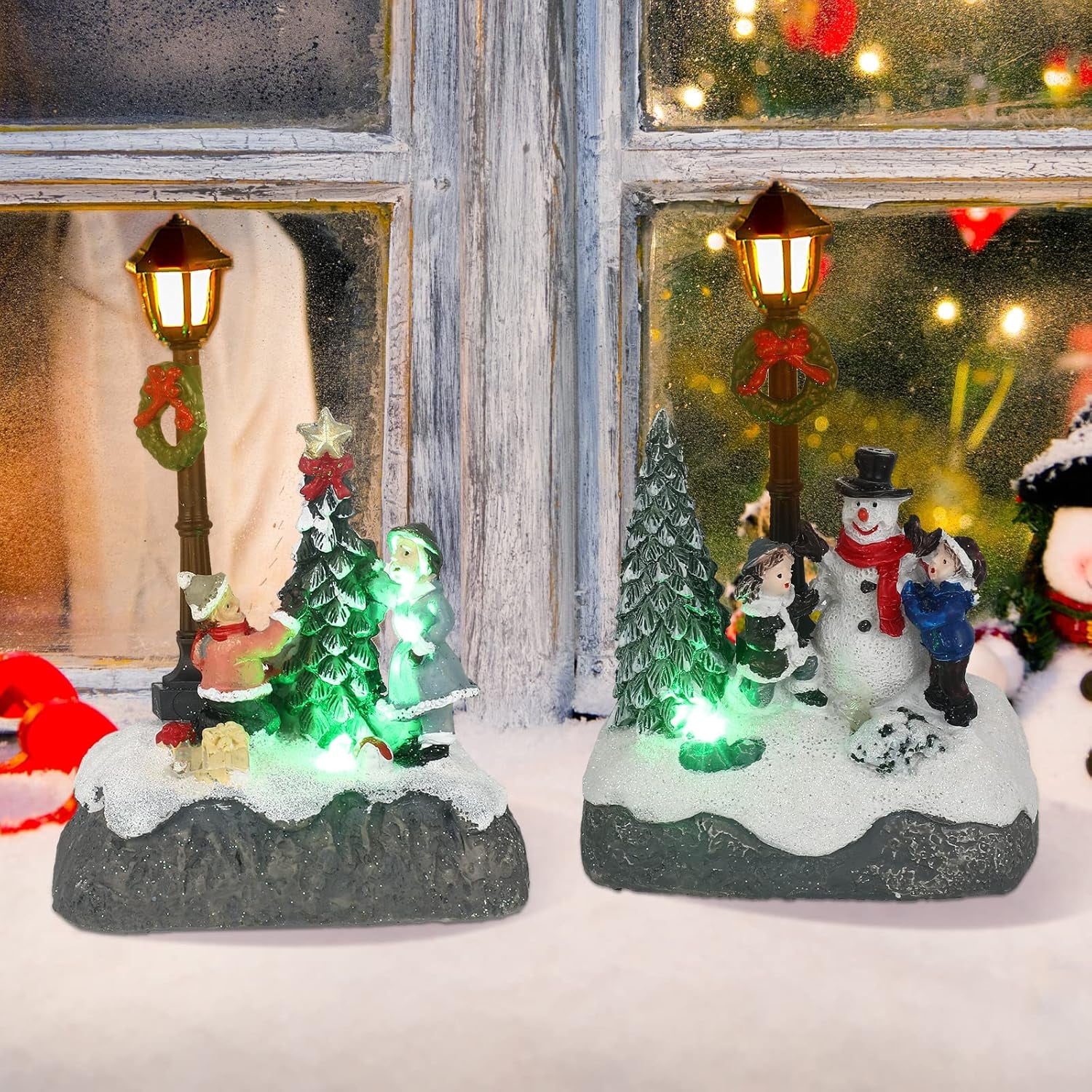 Christmas Village Set: 2-Piece Snowman & Santa LED Tabletop Decor