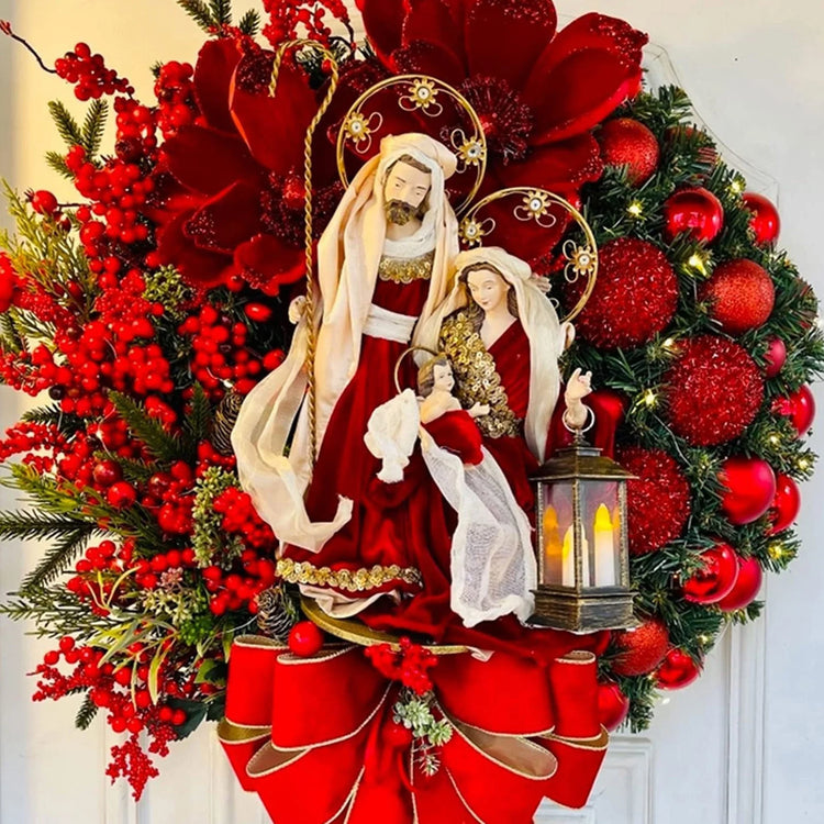Sacred Christmas Wreath with Lights Lighted Nativity Scene Christmas Wreath Wreaths for Front Door Artificial Xmas Wreath with Warm Led Lights Ret Festival New Year Decal