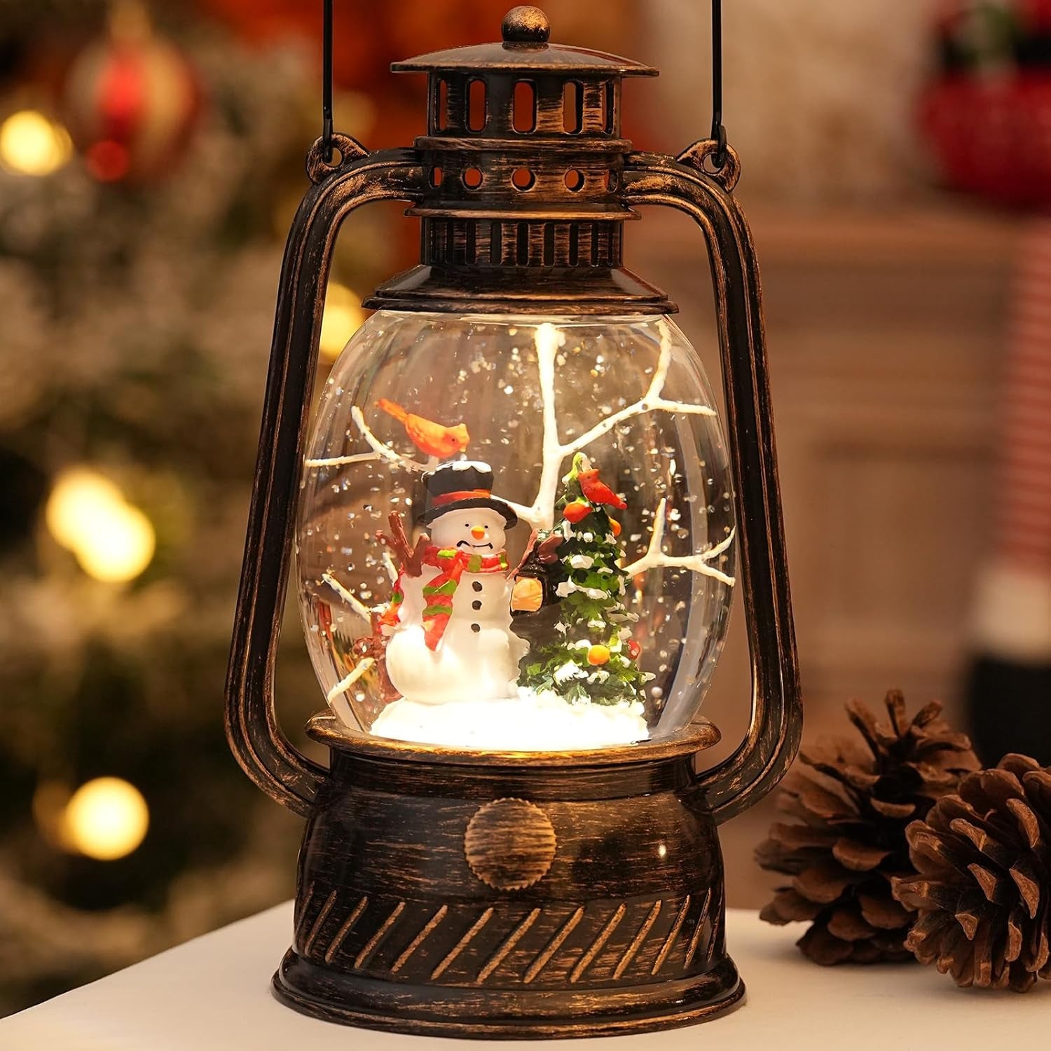 Illuminated Snowman Musical Snow Globe Lantern with Timer for Holiday Decor