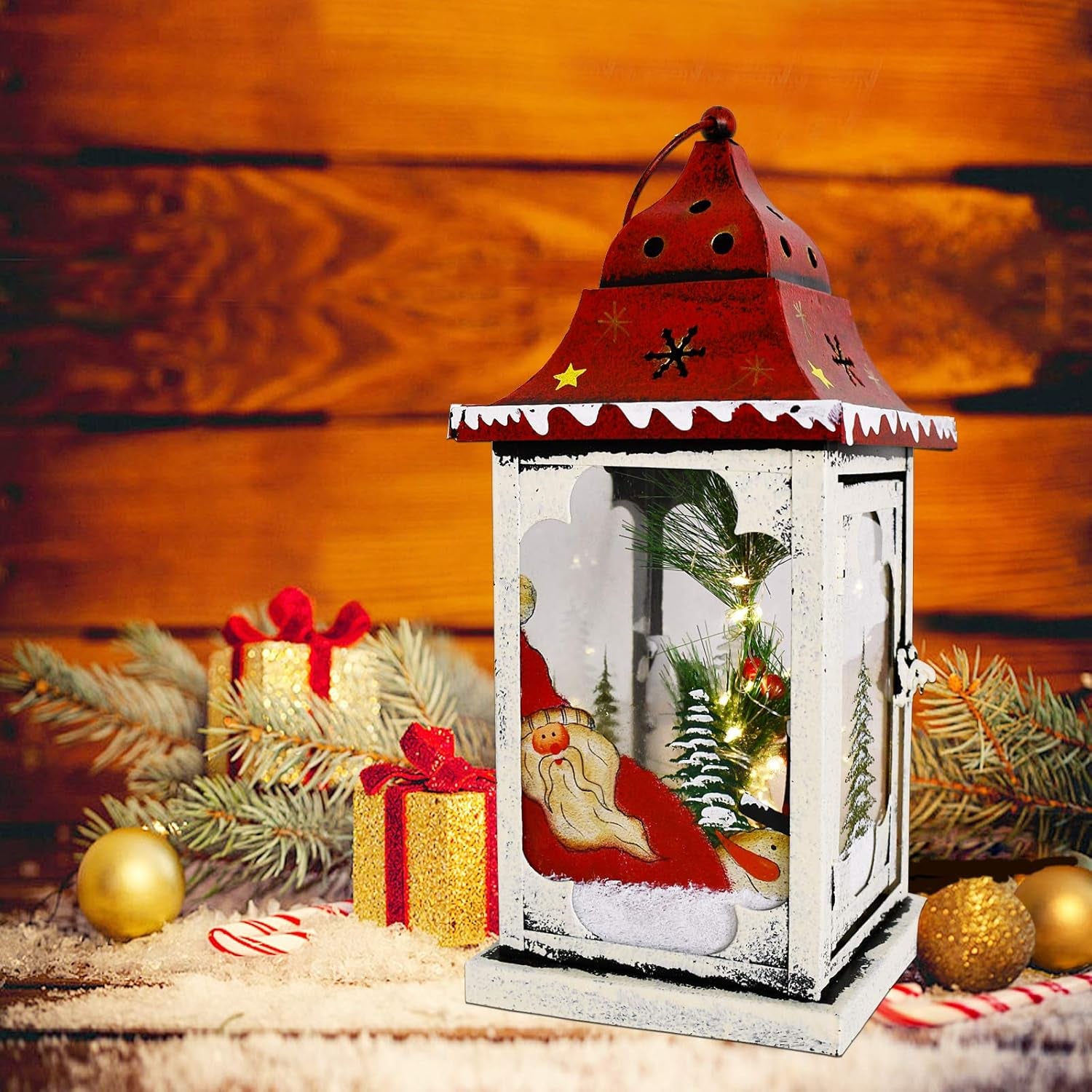 Christmas Lantern Decoration with LED Light Metal Hanging Lanterns Decorative Christmas Lantern Centerpiece with Hand Painted Santa Pattern