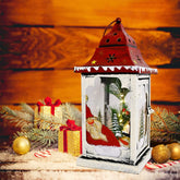 Christmas Lantern Decoration with LED Light Metal Hanging Lanterns Decorative Christmas Lantern Centerpiece with Hand Painted Santa Pattern