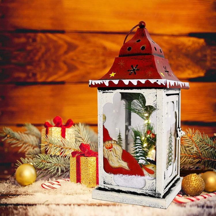 Christmas Lantern Decoration with LED Light Metal Hanging Lanterns Decorative Christmas Lantern Centerpiece with Hand Painted Santa Pattern