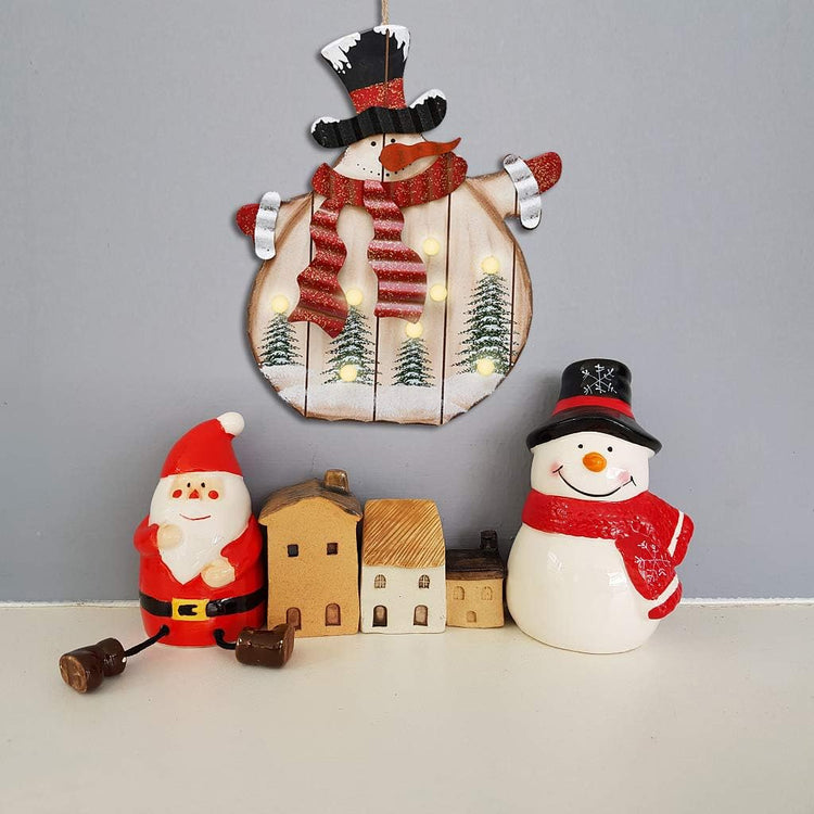 Wooden Hanging Christmas Snowman Sign with LED Bulbs - Wood Decorative Plaques for Wall Door Xmas Tree Ornament Indoor Outdoor Holiday Decor (Snowman A)
