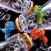 Dinosaur Bubble Machine for Kids producing colorful bubbles with fun dinosaur designs in blue, green, and red.
