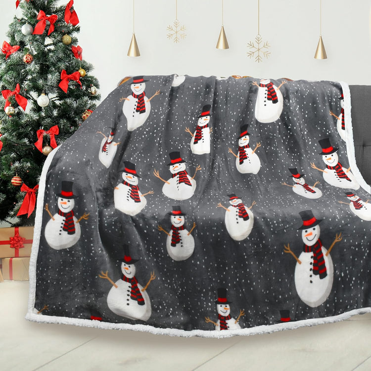 Snowman Blanket, Holiday Theme Sherpa Fleece Throw, Blanket for Couch and Bed, Christmas Blanket | Super Soft, Comfy, Cozy, Fluffy, Warm | 50X60 Inch, Grey