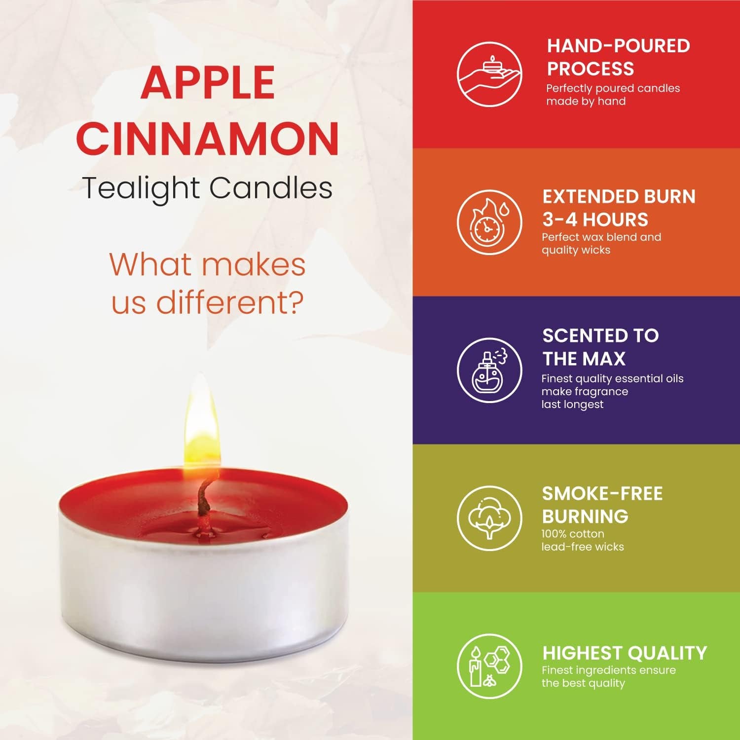 Apple Cinnamon Scented Candles features and benefits with lit tea light candle.