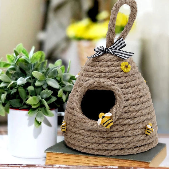 Bee Hive Decor,Jute Hanging Bee Tiered Tray Decor,Cute Handmade Honeycomb Decor Bee Themed Party Ornament for Kitchen Bookshelf Brown 4.5X4.5X4.5 In