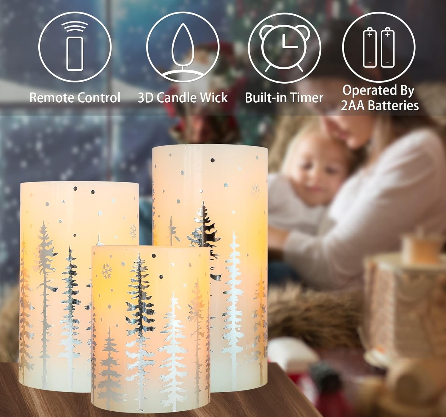 Christmas Flameless Pillar Candles, Holiday Led Candles with Timer Remote, Silver Battery Operated Flickering Candles for Christmas Home Decorations, Centerpiece.