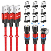 Magnetic Charging Cable[3-Pack, 10Ft], 540° Rotation Magnetic Cable, 3 in 1 Nylon Braided Magnetic Phone Charger Compatible with Micro USB and Type C - Red