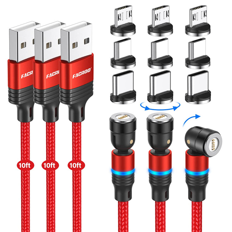 Magnetic Charging Cable[3-Pack, 10Ft], 540° Rotation Magnetic Cable, 3 in 1 Nylon Braided Magnetic Phone Charger Compatible with Micro USB and Type C - Red